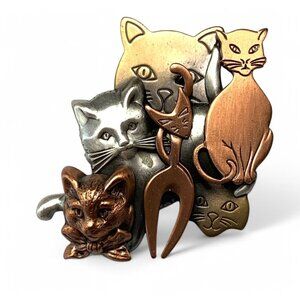 Vintage K&T Six Cats Brooch Mixed Metals Copper, Gold & Pewter Finish 2"